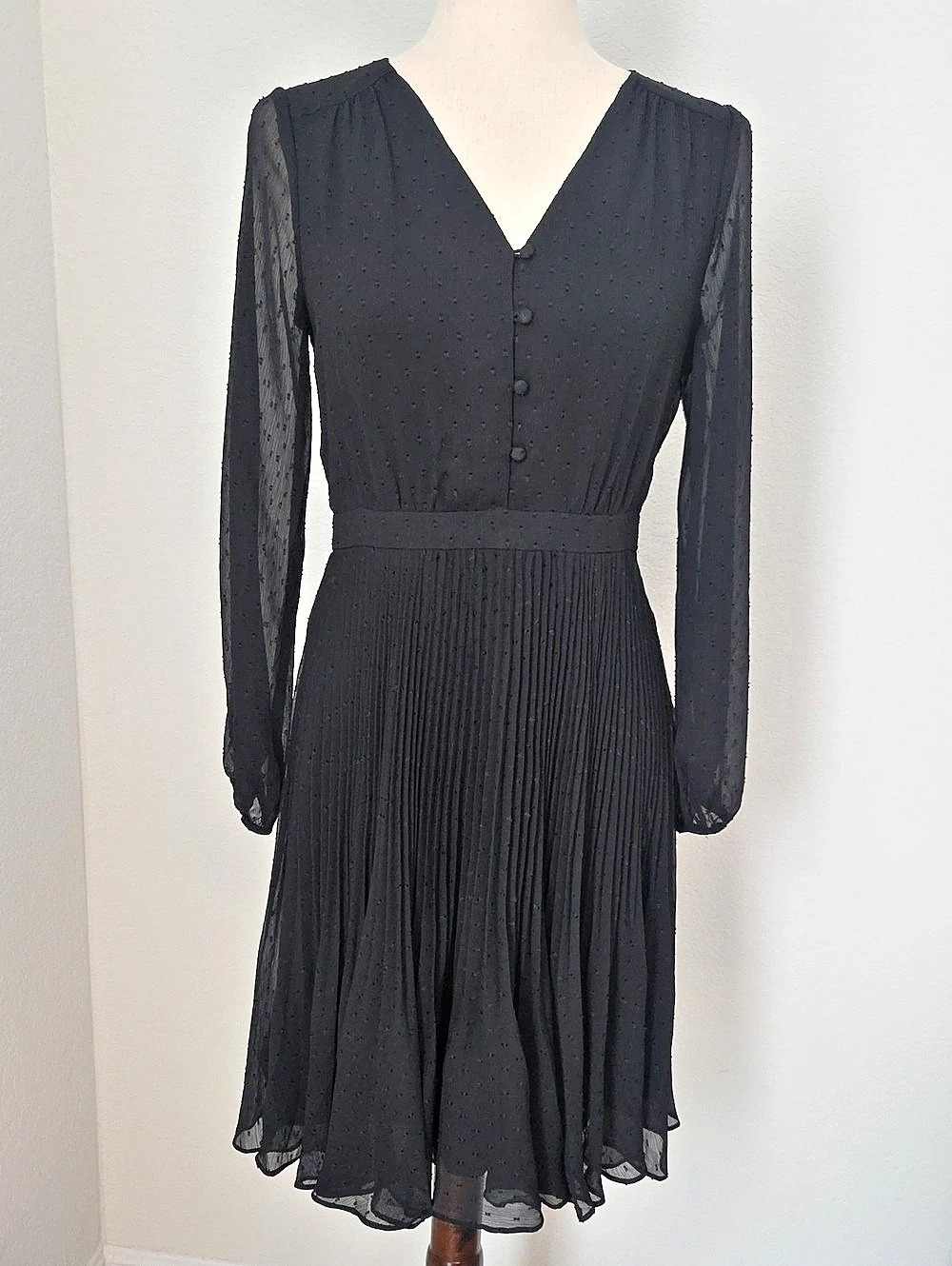 Ann Taylor Black Dotted Mesh Sleeve Classic Midi Dress Like New 0 Petite